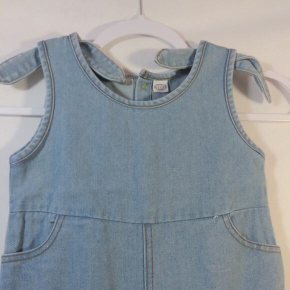 Baby Girls Denim Romper Solid Color Sleeveless Tie Knot Shoulder Jumpsuits - Picture 3 of 6